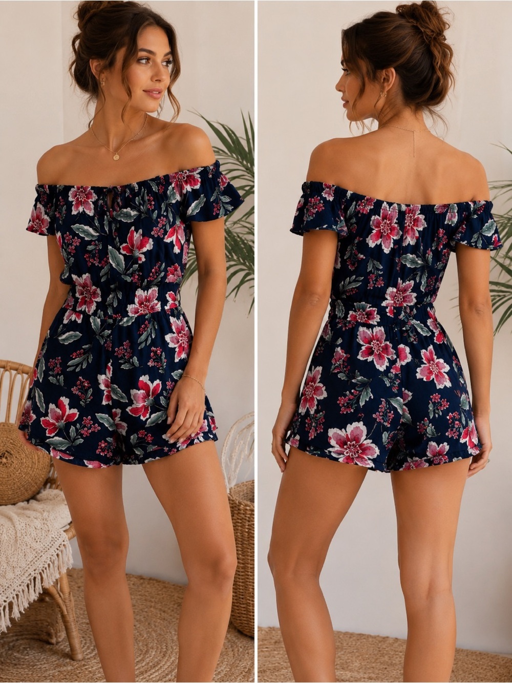 One Clothing Los Angeles Floral Romper Summer Off Shoulder Boho Navy